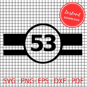 Puede incluir: Diseño gráfico en blanco y negro con el número 53 dentro de un círculo con dos rayas negras a cada lado. El diseño está sobre un fondo de cuadrícula blanca.