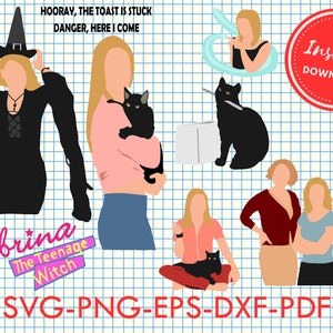Könnte beinhalten: Ein digitales Grafikset mit Illustrationen einer blonden Figur mit schwarzer Katze, Hexenhut und verschiedenen Posen. Der Text umfasst HOORAY, THE TOAST IS STUCK DANGER, HERE I COME, Sabrina The Teenage Witch und SVG-PNG-EPS-DXF-PDF.