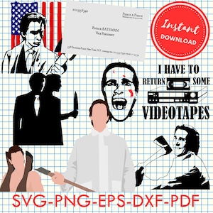 Könnte beinhalten: Ein digitaler Download von SVG-, PNG-, EPS-, DXF- und PDF-Dateien mit Illustrationen von Figuren aus dem Film American Psycho. Die Illustrationen beinhalten Patrick Bateman, einen Mann mit einer Axt, einen Mann mit einem Messer und einen Mann mit einer Videokassette.
