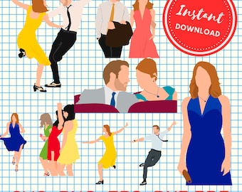 May include: A digital download of 10 SVG, PNG, EPS, DXF, and PDF files featuring illustrations of a couple dancing, a couple sitting, and a woman standing. The illustrations are in a cartoon style and are perfect for crafting projects.