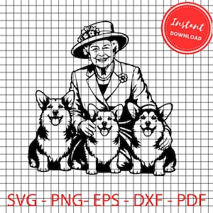 Puede incluir: Ilustración digital en blanco y negro de una mujer con sombrero con tres perros corgi. La imagen incluye el texto "Descarga instantánea" en un círculo rojo y opciones de tipo de archivo: SVG, PNG, EPS, DXF, PDF.