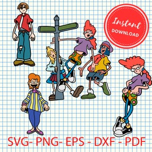 May include: A digital illustration of six cartoon characters. The characters are all wearing different colored clothing and are standing in front of a street sign. The illustration is on a white background with blue grid lines.