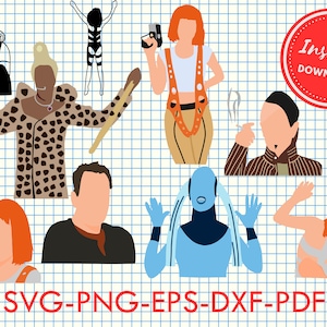 May include: A digital download of 10 SVG, PNG, EPS, DXF, and PDF files featuring various cartoon characters. The characters are in different poses and styles, including a woman with red hair wearing a jumpsuit, a man with a striped shirt, and a woman with a leopard print coat.