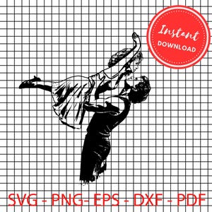 Könnte beinhalten: Schwarz-Weiß-Illustration eines tanzenden Paares, die Frau wird angehoben. Ein roter Kreis mit "Instant Download" befindet sich oben rechts. Darunter die Worte "SVG + PNG + EPS + DXF + PDF".