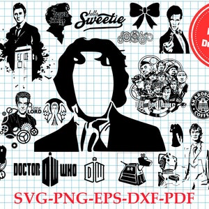 Puede incluir: Una ilustración digital en blanco y negro de varios personajes, símbolos y textos de Doctor Who. La ilustración incluye al Doctor, la TARDIS, los Daleks y las palabras "Doctor Who" y "Sweetie".