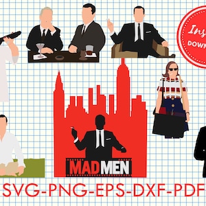 Puede incluir: Un conjunto de archivos de corte digital con personajes del programa de televisión Mad Men. Los personajes se representan en forma de silueta, con el título del programa mostrado en una tira de película. El fondo presenta una ciudad roja, que representa la ciudad de Nueva York.