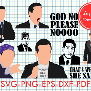 Puede incluir: Una descarga digital de 10 archivos SVG con varias imágenes y texto relacionados con la popular serie de televisión "The Office". Las imágenes incluyen un personaje sosteniendo una taza que dice "World's Best Boss", un personaje con una bandana y un personaje con una corbata de moño. El texto incluye "God No Please Noooo" y "That's What She Said".