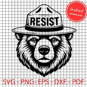 May include: Black and white graphic of a bear wearing a ranger hat with the word "RESIST" on it. The image includes the words "Instant Download" in a red circle and file type options: SVG, PNG, EPS, DXF, and PDF.