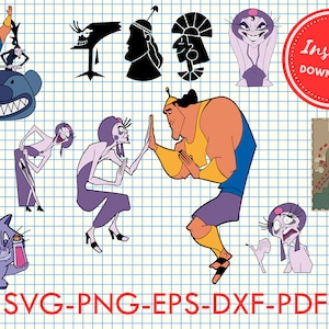 Könnte beinhalten: Ein Set mit 10 digitalen Schnittdateien mit Charakteren aus dem Disney-Film Die Kühe sind los. Die Dateien beinhalten Kuzco, Yzma, Kronk, Pacha und mehr. Die Dateien sind in den Formaten SVG, PNG, EPS, DXF und PDF verfügbar. Sofortiger Download.