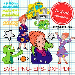 Puede incluir: Una ilustración digital de un autobús escolar amarillo, un camaleón verde, un dinosaurio morado y tres chicas con cabello rojo. Las chicas llevan vestidos coloridos con estrellas y planetas. El texto "Take chances make mistakes get messy" está en la esquina superior izquierda. El texto "Instant Download" está en un círculo rojo en la esquina superior derecha. El texto "If you don't look you'll never see" está en la esquina inferior derecha.