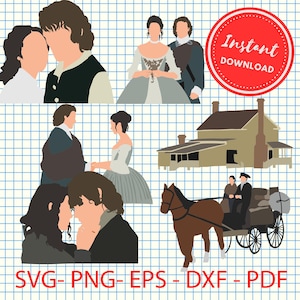 Puede incluir: Un conjunto de ilustraciones digitales que presenta una pareja con ropa de época, una casa, un carruaje tirado por caballos y el texto "Descarga instantánea".