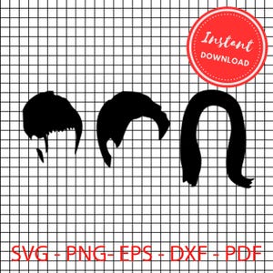 Puede incluir: Tres imágenes de silueta negra de peinados, dos con cabello corto y uno con cabello largo. La imagen está sobre un fondo de cuadrícula blanco y negro.