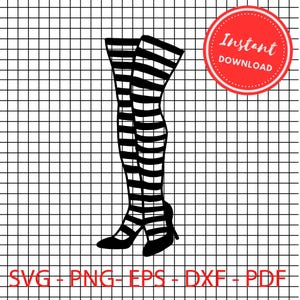 Puede incluir: Ilustración vectorial de medias a rayas blancas y negras con tacones altos. Un círculo rojo con la inscripción "Instant Download" es visible. En la parte inferior de la imagen se lee "SVG - PNG - EPS - DXF - PDF".