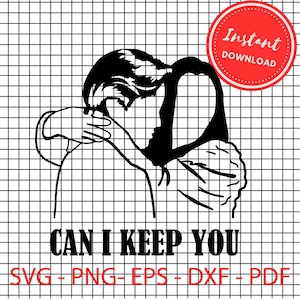 Puede incluir: Dibujo lineal en blanco y negro de dos figuras abrazándose, con el texto "CAN I KEEP YOU" debajo. Un círculo rojo con "Descarga instantánea" está en la esquina superior derecha. También se incluyen opciones de tipo de archivo.