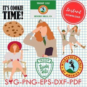 Puede incluir: Una descarga digital de un conjunto de 10 archivos SVG, PNG, EPS, DXF y PDF que incluyen una galleta, una líder de las Girl Scouts, dos Girl Scouts, un parche con el texto "TROOP Beverly Hills" y un parche con el texto "WILDERNESS GIRLS OF AMERICA". También se incluye el texto "IT'S COOKIE TIME!". El texto "Descarga instantánea" está en un círculo rojo.