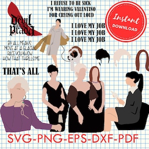 Może przedstawiać: Cyfrowa ilustracja postaci z filmu "Diabeł ubiera się u Prady". Postaciami są Miranda Priestly, Andy Sachs, Nigel, Emily Charlton i pies. Tekst "Odmawiam bycia chora, noszę Valentino, bo krzyczę głośno" i "Uwielbiam swoją pracę" jest zawarty w obrazie. Tekst "Natychmiastowe pobranie" jest również zawarty w obrazie.