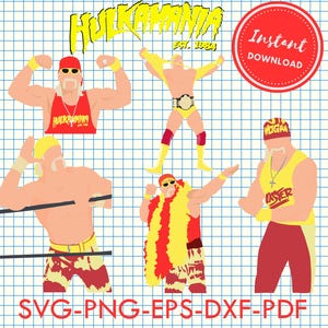 Puede incluir: Una descarga digital de cinco ilustraciones vectoriales diferentes de Hulk Hogan, un famoso luchador. Las ilustraciones muestran a Hogan en diferentes poses, incluyendo flexionar sus músculos, usar un atuendo de lucha amarillo y sostener un cinturón de campeonato. El texto "Hulkamania Est. 1984" está en la parte superior de la imagen, y el texto "Descarga instantánea" está en un círculo rojo.