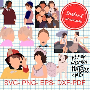 Puede incluir: Una descarga digital de 10 archivos de corte SVG con varios personajes de dibujos animados, que incluyen un grupo de niños, una niña en un bote, una niña con un vestido, un niño con un disfraz de bombero y un perro. El texto "He-Man Woman Haters Club" también está incluido en el diseño.