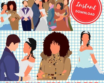 May include: Digital cut file design featuring a group of cartoon characters in various poses. The characters are dressed in colorful outfits and have different hairstyles. The design includes the text "Instant Download" and "SVG-PNG-EPS-DXF-PDF".
