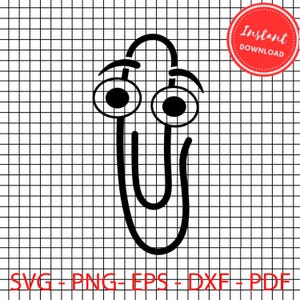 May include: A black line art illustration of a paperclip character with large eyes and eyebrows on a white grid background. A red circular badge in the top right corner contains the white text Instant DOWNLOAD. The bottom text reads SVG-PNG-EPS-DXF-PDF.