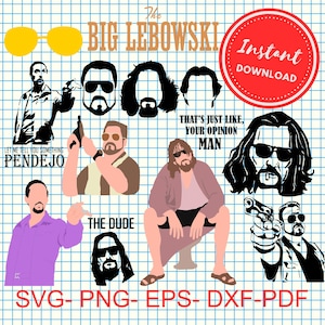 以下が含まれることがあります： SVG、PNG、EPS、DXF、PDF 形式の「ビッグ・リボウスキー」のキャラクターのデジタルダウンロードです。キャラクターには、ザ・デュード、ウォルター・ソブチャック、ドニー、ニヒリストが含まれます。テキスト「Let me tell you something Pendejo」も含まれています。