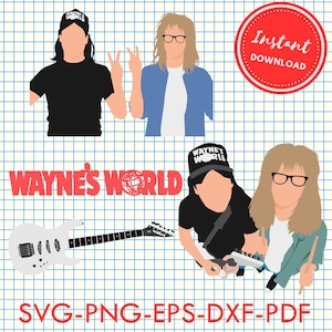 May include: Wayne's World logo with a red globe and the text "WAYNE'S WORLD" in red.  There are three images of characters from the movie Wayne's World.  The first image is of Wayne Campbell wearing a black shirt and a black hat with the text "WAYNE'S WORLD" in white.  The second image is of Garth Algar wearing a blue shirt and a white shirt underneath.  The third image is of Wayne and Garth together, Wayne is wearing a black shirt and a black hat with the text "WAYNE'S WORLD" in white, and Garth is wearing a blue shirt and a white shirt underneath.  The text "SVG-PNG-EPS-DXF-PDF" is at the bottom of the image.