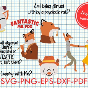 Puede incluir: Una descarga digital de cinco ilustraciones vectoriales que presentan un personaje de zorro en varias poses. Las ilustraciones incluyen el texto "Fantastic Mr. Fox" y "Are You Cussing With Me?" Las ilustraciones están sobre un fondo de cuadrícula azul y blanco.