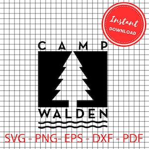 Puede incluir: Logotipo en blanco y negro de Camp Walden con un gráfico de árbol dentro de un cuadrado. Las palabras "Camp Walden" están debajo del cuadrado, con líneas onduladas debajo. Un círculo rojo con "Descarga instantánea" está en la esquina superior derecha.