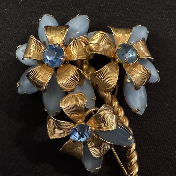 Vintage Weiss Brooch, light blue Moonstone flowers, rhinestones, 3 1/2 inches