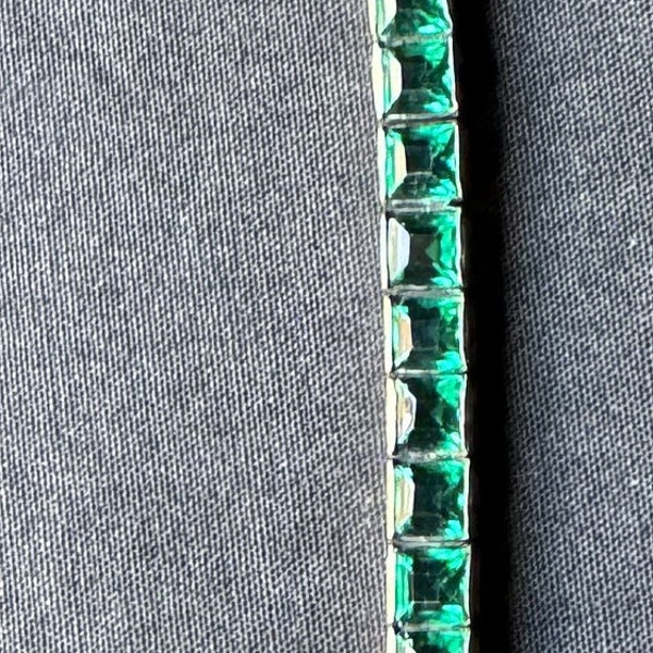 Vintage Sterling silver, tennis bracelet, emerald green paste, rhinestones, 7 inches long