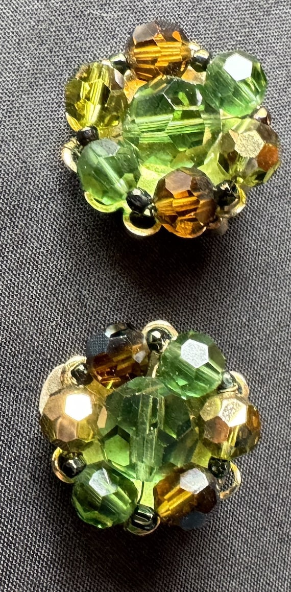 Marvella Green and Brown Beaded Clip Earrings - image 1