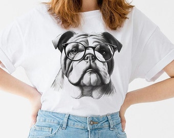 Bulldog With Glasses Cute Women T-shirt New Old Bulldog Nerd Bulldog Dog Pet Animal Lovers Adorable Sketch Drawing Art Funny Joke