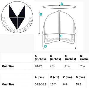 May include: A black and white illustration of a baseball cap with measurements in inches and centimeters. The cap has a curved brim and a structured crown. The measurements are for the head circumference, brim width, crown height, and overall length.