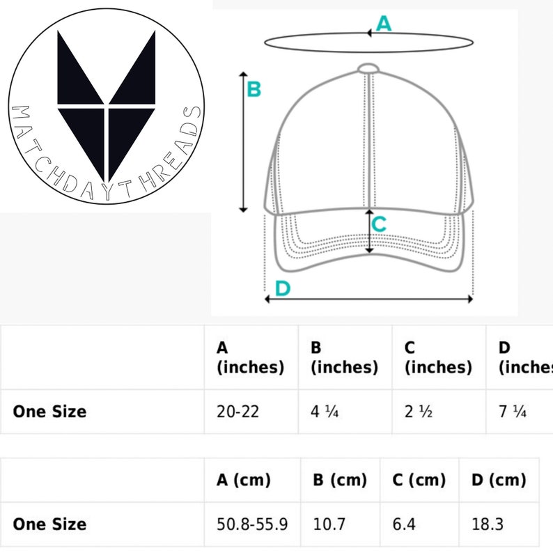 May include: A black and white illustration of a baseball cap with measurements in inches and centimeters. The cap has a curved brim and a structured crown. The measurements are for the head circumference, brim width, crown height, and overall length.