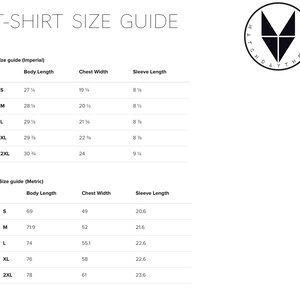 May include: T-shirt size guide with measurements in inches and centimeters. The chart shows sizes S, M, L, XL, and 2XL with corresponding body length, chest width, and sleeve length.