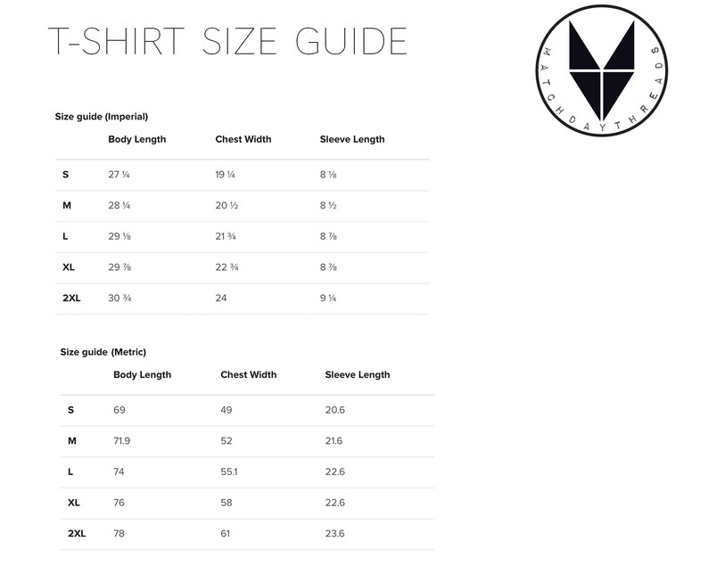 May include: T-shirt size guide with measurements in inches and centimeters. The chart shows sizes S, M, L, XL, and 2XL with corresponding body length, chest width, and sleeve length.