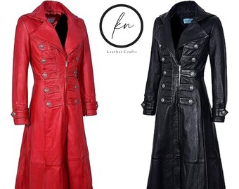 Real Leather Gothic Long Trench Coat Red | Steampunk Leather Trench Coat | Handmade Classic Leather Duster Ladies Winter Coat Women Topper