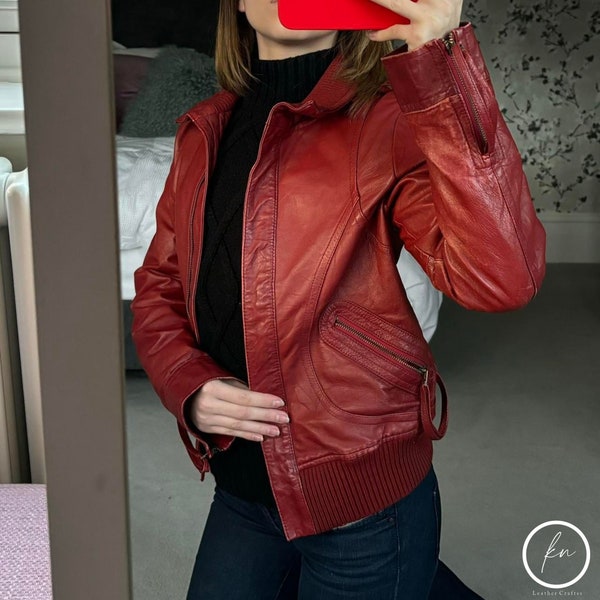 Veste en cuir rouge | Vestes en cuir Femme | Veste en cuir surdimensionnée pour dames | Veste en cuir véritable rouge pour femme | Vêtements faits à la main