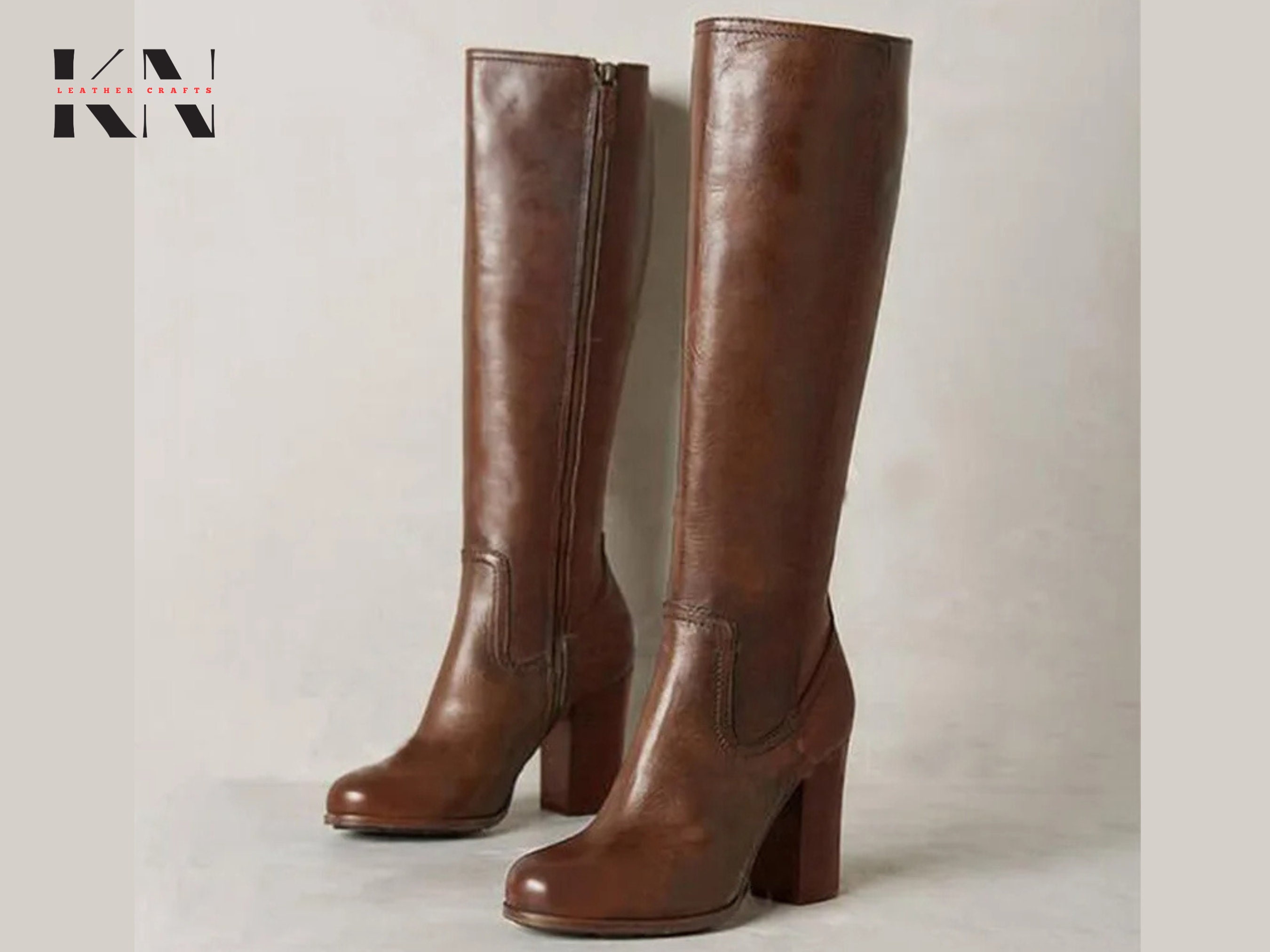 Handmade Genuine PU Leather Calfskin High Knee Boots With Block Heels