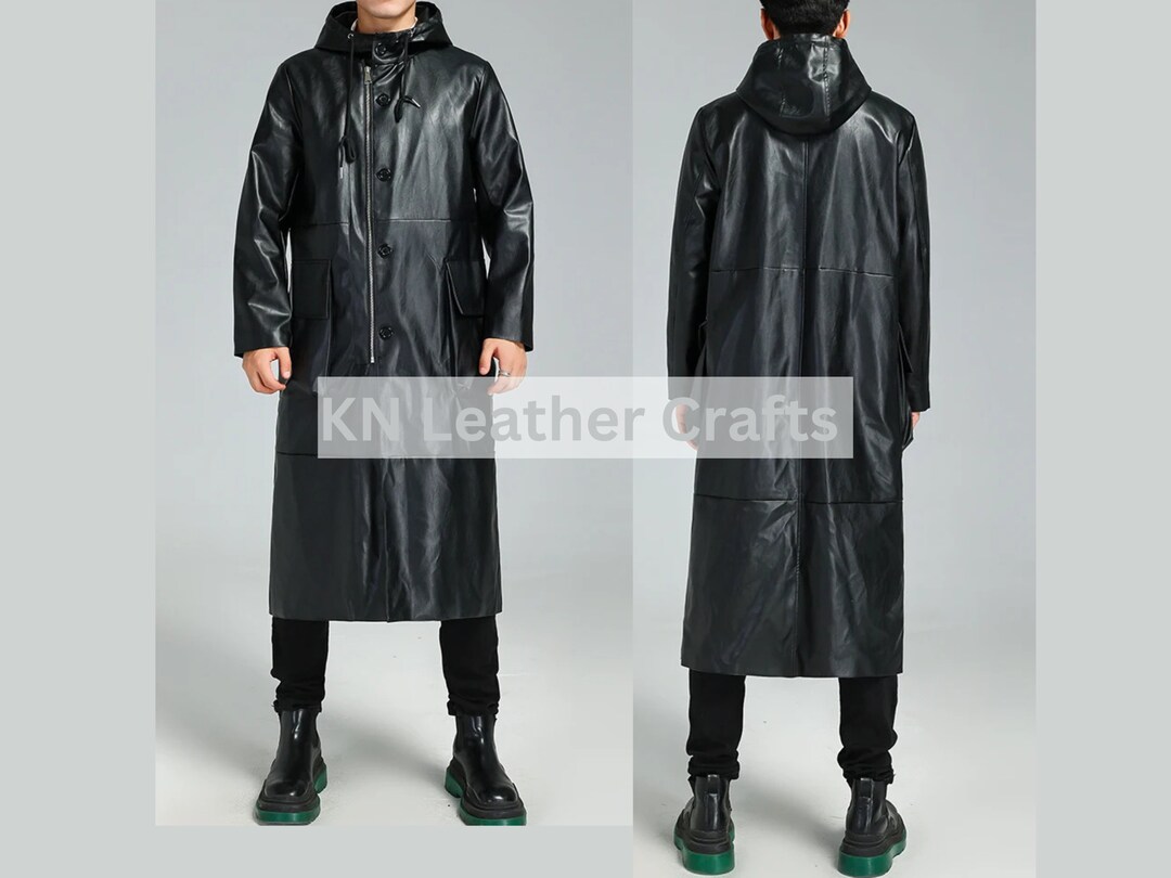 Black Hooded Trench Coat Men genuine Cowhide Leather Coat for Etsy
