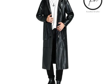 Black Hooded Trench Coat Men ,Genuine Cowhide Leather Coat For Men ,Mens Leather Duster Trench Coat, Handmade Stylish Men Hooded Trench Coat
