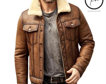 Men's Brown Shearling Coat Winter Jacket | Real Shearling Bomber Jacket | Leather Aviator Jacket | fur collar Jacket | Flight Jacket Men