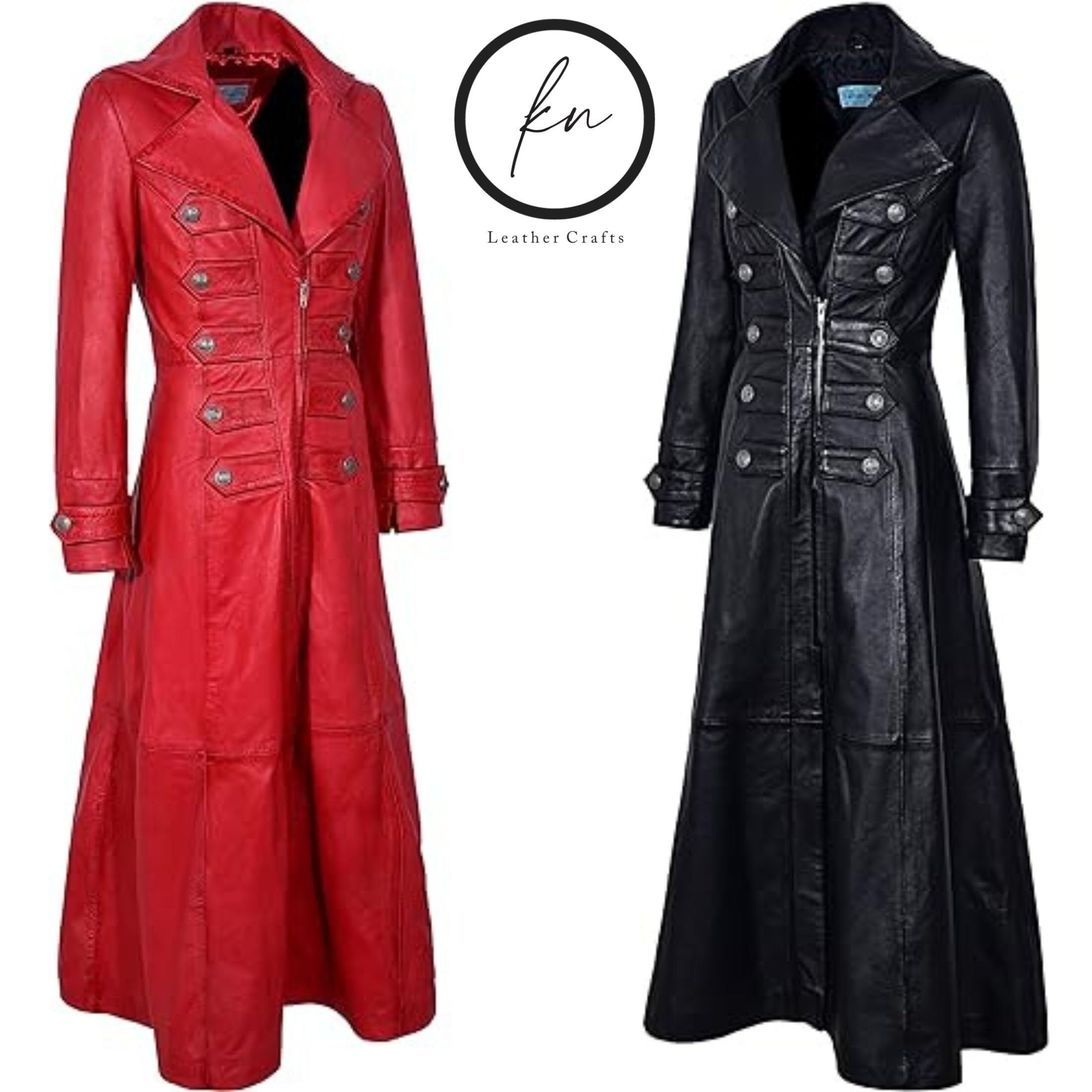 Real Leather Gothic Long Trench Coat Red Steampunk Leather Trench Coat ...