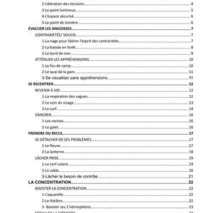 May include: A white paper with a detailed table of contents in French, titled "SOMMAIRE." The document lists various topics such as "INDUCTIONS," "&Eacute;VACUER LES ANGOISSES," and "LA CONCENTRATION," with corresponding page numbers.