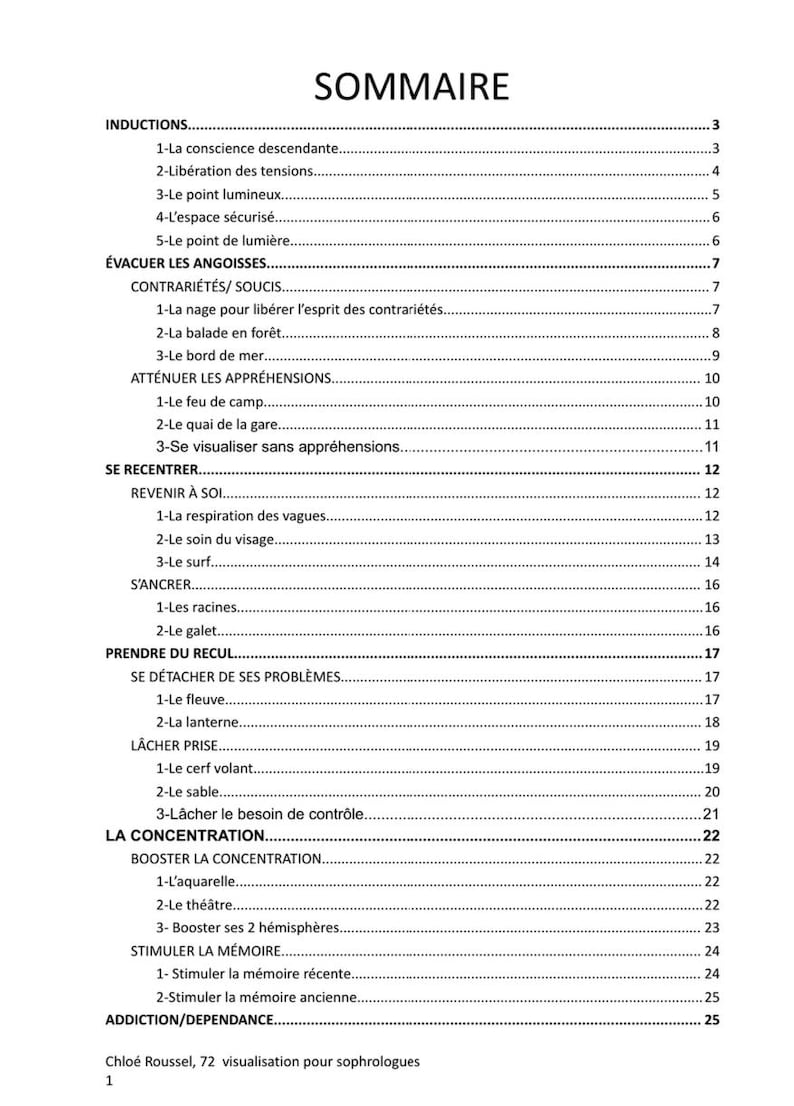 May include: A white paper with a detailed table of contents in French, titled "SOMMAIRE." The document lists various topics such as "INDUCTIONS," "&Eacute;VACUER LES ANGOISSES," and "LA CONCENTRATION," with corresponding page numbers.