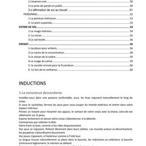 May include: A white paper with French text, including titles like "SE FAIRE CONFIANCE" and "ESTIME DE SOI." The page features numbered lists and the word "INDUCTIONS." The bottom of the page has the text "Chlo&eacute; Roussel, 72 visualisation pour sophrologues."