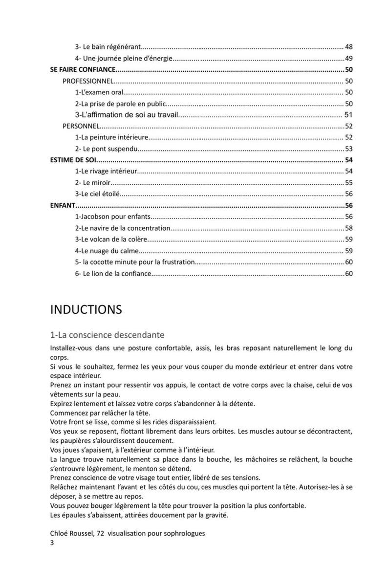 May include: A white paper with French text, including titles like "SE FAIRE CONFIANCE" and "ESTIME DE SOI." The page features numbered lists and the word "INDUCTIONS." The bottom of the page has the text "Chlo&eacute; Roussel, 72 visualisation pour sophrologues."