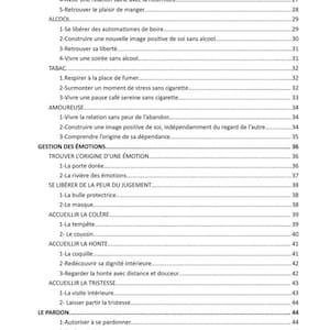 May include: A printed page from a book titled "Chlo&eacute; Roussel, 72 visualizations for sophrologists." The text is organized into sections like "ALIMENTAIRE" and "ALCOOL," with numbered subtopics. The page is white with black text.