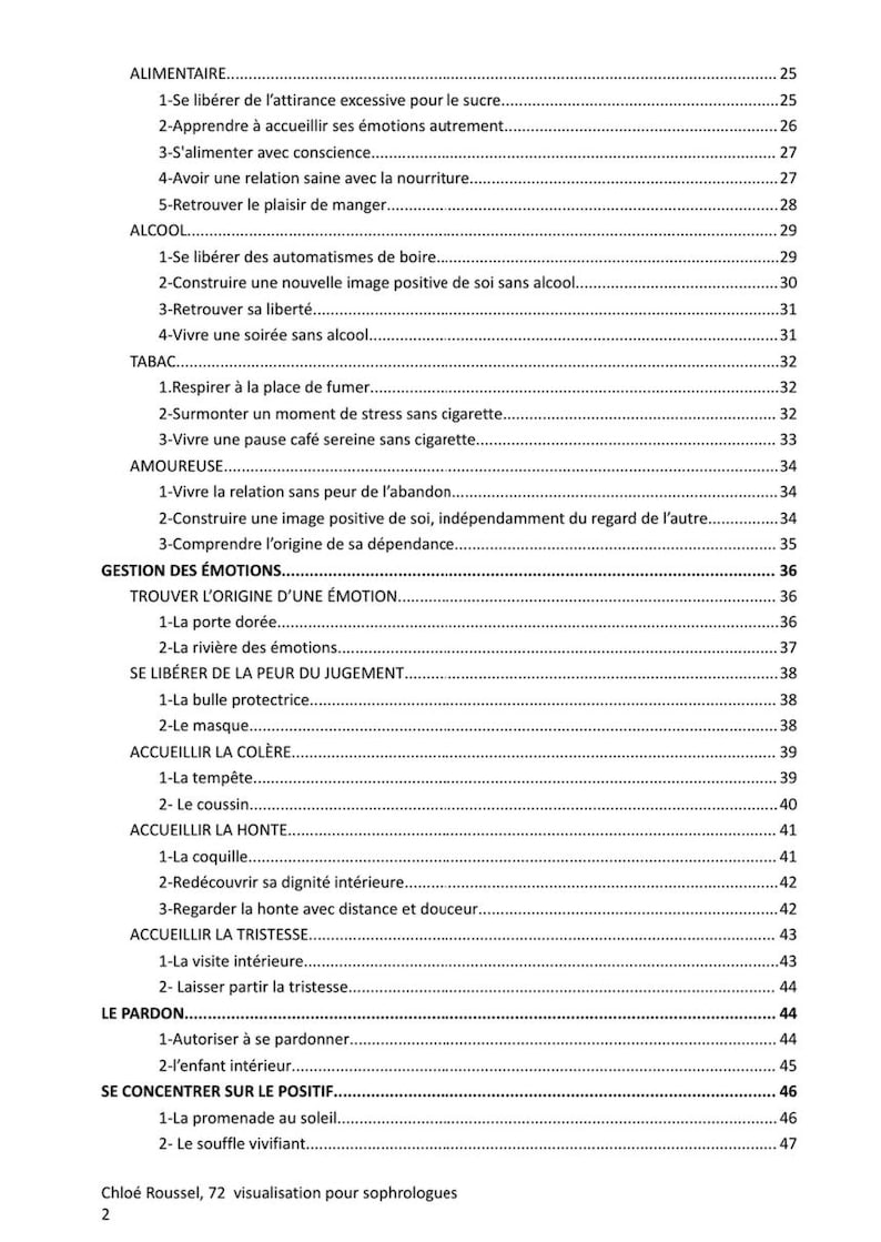 May include: A printed page from a book titled "Chlo&eacute; Roussel, 72 visualizations for sophrologists." The text is organized into sections like "ALIMENTAIRE" and "ALCOOL," with numbered subtopics. The page is white with black text.