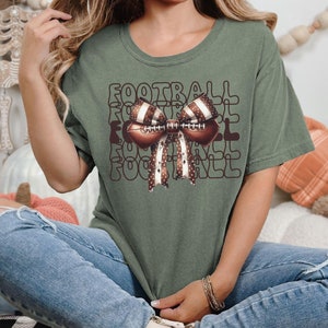 Football Bow Comfort Colors® Dyed T-Shirt, Coquette Football Shirt Gift, Football Mom Shirt Gift, Game Day Fall Football Season Apparel,